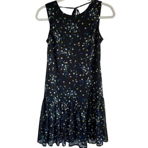 Calvin Klein Dress Black Floral Sz 2 Sleeveless Ruffle Hem Tie Back Neck Lined